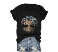 Women Tree of Life Shirt Vintage Plants Graphic Tees Nature Short Sleeve Casual Summer Tops, A-black, L
