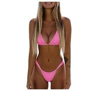 Women Triangle Bikini Sets 2 Piece Brazilian Beach Swimsuit Halterneck Push Up Top and Thong Bikinis Bottoms Sexy Low Waisted Strappy Bathing Suit Solid Color String Swimming Costume Pink
