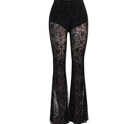 Women Trousers Bell Bottom Pants Lace Flare Leggings Solid Pleated High Waist Sheer Mesh Goth Punk Hippie Hollow Out (UK, Alpha, S, Regular, Regular, Black)