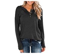 Women Tshirts Casual Long Sleeve Crewneck Tops Basic T Shirt Cotton Tunic Tops Button Down Stretch T-Shirt Plain Pullover Blouse Women's Long Sleeve Shirts Plus Sizes UK 8-18 Basics Clothing Black