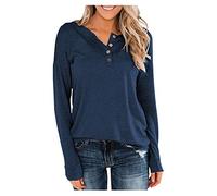 Women Tshirts Casual Long Sleeve Crewneck Tops Basic T Shirt Cotton Tunic Tops Button Down Stretch T-Shirt Plain Pullover Blouse Women's Long Sleeve Shirts Plus Sizes UK 8-18 Basics Clothing Blue