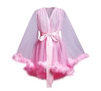 Women Tulle Illusion Lingerie Robe Mesh Sheer Maternity Babydoll Dress Nightgown Bathrobe Bridal Wedding Sleepwear with Feather Trim(X-Large, Pink)