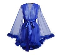 Women Tulle Illusion Lingerie Robe Mesh Sheer Maternity Babydoll Dress Nightgown Bathrobe Bridal Wedding Sleepwear with Feather Trim(Medium, Blue)