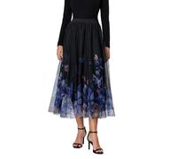Women Tulle Midi Length Maxi Skirt High Waist Floral Butterfly Print Bohemia Mesh Casual Loose Swing A-Line Skirt (A-Blue, S)