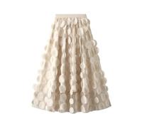 Women Tulle Midi Skirt High Elastic Waist 3D Polka Dot Mesh Skirt A-Line Layered Bubble Skirt Graduation Dress, Beige, One Size