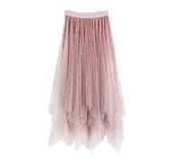 Women Tulle Midi Skirt Women's A Line Fairy Elastic Waist Sequin Skirt High Waist Layered Skirts Mesh Dress Solid Color Irregular Yarn Skirts for Girls(#05-03, One Size)