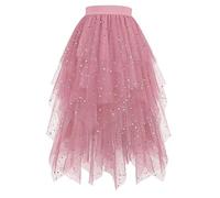 Women Tulle Midi Skirts Sparkly Star Sequin Prom Homecoming Party Long Skirt Mesh Elastic High Waist A Line Hem Irregular Layered Y2k Elegant Vintage Petticoat Wedding Ballet Dance Pink