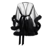 Women Tulle Robe See Through Nightgown Romantic Wedding Honeymoon Night Lingerie Sexy Sleepwear Long Sleeves Furry Nightie Cosplay Sheer Mesh Bridal Bathrobe Satin Ribbon Nightdress (Black, One Size)