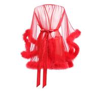 Women Tulle Robe See Through Nightgown Romantic Wedding Honeymoon Night Lingerie Sexy Sleepwear Long Sleeves Furry Nightie Cosplay Sheer Mesh Bridal Bathrobe Satin Ribbon Nightdress (Red, One Size)