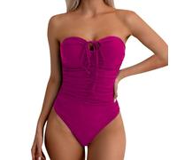 Women Tummy Control Bandeau Swimwear One-Piece Swimming Costume Ladies Solid Color Pleated Strapless Swimsuit with Front Tie Two Wear Halterneck 2025 (Hot Pink, L)