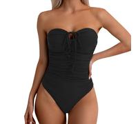 Women Tummy Control Bandeau Swimwear One-Piece Swimming Costume Ladies Solid Color Pleated Strapless Swimsuit with Front Tie Two Wear Halterneck 2025 (Black, XL)