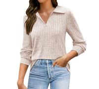 Women Tunic Tops 2024 Ribbed Tee Shirts Long Sleeve V Neck Loose Jumper Blouses Lightweight Pullover Fall Winter Fashion Comfy Baggy Sweaters for Daily Deals of The Day Beige
