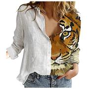 Women Tunic Tops Animal Tiger Printed Shirts V Neck Button Down Loose Fit Linen T Shirts Basic Long Sleeve Baggy Blouse Tops Comftable Fashion Tee Sale Clearance Items White