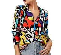 Women Tunic Tops Casual Loose Fit Art Print Long Sleeve T Shirts Button Down Lapel Neck Blouse Tops Fashion Comfortable Baggy Tee for Vacation Party Returned Items for Sale UK Blue