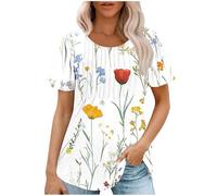 Women Tunic Tops Floral Print Crew Neck Shirts Ladies Blouse Summer Casual Loose Tee Tops Flower Graphic T Shirt Office Work Blouses Short Sleeve Tops Ladies Basic Longline T Shirts