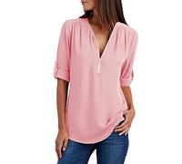 Women Tunic Tops Front Zipper V Neck Shirts Ladies Blouse Summer Casual Loose Tee Tops Plain Solid Color T Shirt Office Work Blouses Short Sleeve Zip Up Neck Ladies Basic Longline T Shirts UK Pink