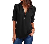 Women Tunic Tops Front Zipper V Neck Shirts Ladies Blouse Summer Casual Loose Tee Tops Plain Solid Color T Shirt Office Work Blouses Short Sleeve Zip Up Neck Ladies Basic Longline T Shirts UK Black