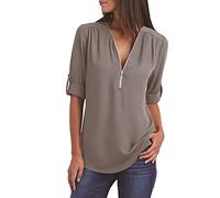 Women Tunic Tops Front Zipper V Neck Shirts Ladies Blouse Summer Casual Loose Tee Tops Plain Solid Color T Shirt Office Work Blouses Short Sleeve Zip Up Neck Ladies Basic Longline T Shirts UK Gray