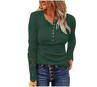 Women Tunic Tops Solid Color V Neck Ribbed Long Sleeve T Shirts Slim Fit Button Pullover Blouse Tops Fashion Flower Cutout Tunic Stretchy Tight Lightning Deals of The Day Army Green