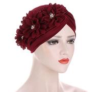 Women Turban Cap Flower Wrap Head Cover Pleated Beanie Sleep Hat Stretchy Headwrap Chemo Hat Hair Loss Cap Bandana Headwear for Ladies Wine Red