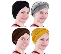 Women Turban Head Wrap Pre-Tied Twisted Braid Cap Chemo Cancer Hair Cover Hat, D S Black Coffee Grey Yellow, 1 Count (Pack of 4)