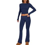 Women Two Piece Outfit Basic Long Sleeve Crop Top and Low Rise Flare Pants Set 2 Piece Yoga Tracksuit Women Suit Dresses Work Ski Bib Dark Blue