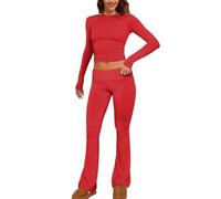 Women Two Piece Outfit Basic Long Sleeve Crop Top and Low Rise Flare Pants Set 2 Piece Yoga Tracksuit Women Suit Dresses Work Suits for Women Two Piece Work Pants Red