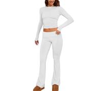 Women Two Piece Outfit Basic Long Sleeve Crop Top and Low Rise Flare Pants Set 2 Piece Yoga Tracksuit Women Suit Dresses Work Suits for Women Two Piece Work Pants White