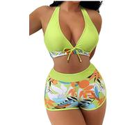 Women Two Piece Swimsuit Bathing Suits Floral Tropical High Waisted Beachwear Board Shorts Halter Tops, Neon Green, Large