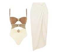 Women Two Piece Swimsuit Bikini Set Vintage Swimwear Tummy Control High Waisted Bathing Suit with Long Cover Ups Wrap Skirt Beach Hot Spring Monokinis One Piece Swimsuit Push Up Khaki M