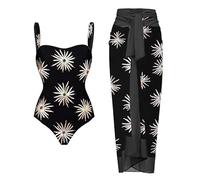 Women Two Piece Swimsuit Bikini Set Vintage Swimwear Tummy Control High Waisted Bathing Suit with Long Cover Ups Wrap Skirt Beach Hot Spring Monokinis One Piece Swimsuit Push Up Fireworks XL Black