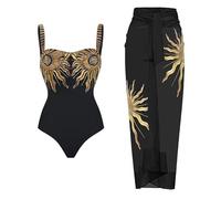 Women Two Piece Swimsuit Bikini Set Vintage Swimwear Tummy Control High Waisted Bathing Suit with Long Cover Ups Wrap Skirt Beach Hot Spring Monokinis One Piece Swimsuit Push Up Black Golden M