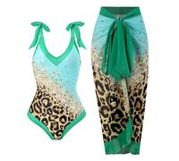 Women Two Piece Swimsuit Matching Chiffon Long Skirt Ladies Swimming Costume V Neck Padded One-Piece Monokini with Sarong Beach Cover Up Bathing Suit Bikini Beachwear UK Clearance