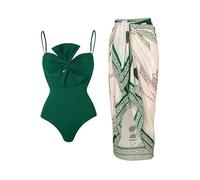 Women Two Piece Swimsuit Padded One-Piece Bikini with Long Wrap Skirt Sarong Beach Cover Up Beachwear Hot Spring Monokinis Swimsuits Green L