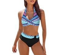 Women Two Piece Tankini Swimsuits High Waist Halter Vintage Bikini Set Ladies Swimwear High Waisted Bikini Set Black Halter Neck Women's Bikini Sets Blue