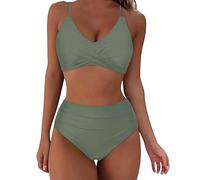 Women Two Pieces Swimsuits Sale, High Waisted Bikini Set Push up Wrap Swim Suits Top with Thong Boy Shorts Padded Tummy Control Bathing Suit Tankini Tops with Bikini Bottoms Plus Size S-XXL Green