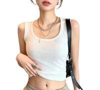 Women U Neck Fitted Ribbed Solid Color Cropped Tank Top Medium Stretch Polyester Vest For Summer Vacation Holiday Beach Cycling Fashion Xl(XXL White)
