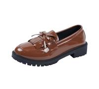 Women UK Casual Slip On Loafers with Glossy Bow Tassel Chunky Heel Comfortable Everyday Shoes