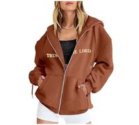 Women UK Christian Faith Zip-Up Hoodie - Bible Print Jesus Sweatshirt, Solid Colour Lightweight Jacket Casual Oversized Pullover Tops (Coffee - 2, S)