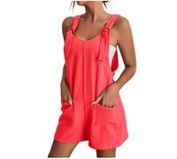 Women Uk Elegant Short Jumpsuit Loose Spaghetti Strap Suspender Bib Overall Cotton Linen Shorts Rompers with Pockets Lightweight Dungarees Summer Jumpsuits Going Out Work Travel S M L XL 2XL