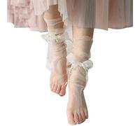 Women Ultra-Thin Sheer Slouchy Ankle Socks Sweet Ribbon Bowknot Imitation Pearl Beading See-Through Mesh Tulle Stockings Funny Gifts
