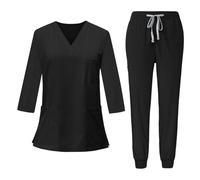 Women Uniform Scrubs Set Clothes Doctor Nurses Trousers for Lightweight Soft Solid Color V Neck Scrub Top Nursing Uniforms with Pockets S (Black, S)