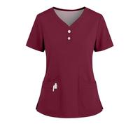 Women Uniform Scrubs Top Nurse Tunics for UK Carers Tunic Professional Lightweight Solid Color V Neck Short Sleeve Shirt with Pockets (Wine, 3XL)