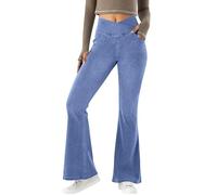 Women V Crossover Bootcut Jeans High Waist Flare Jeans Ladies Pull on Tummy Control Bell Bottom Pants Casual Fitness Skinny Yoga Pants Highly Elasticity Soft Flared Denim Trousers with Pockets