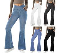 Women V Crossover Bootcut Jeans High Waist Flare Jeans Ladies Pull on Tummy Control Bell Bottom Pants Casual Fitness Skinny Yoga Pants Highly Elasticity Soft Flared Denim Trousers with Pockets