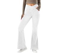Women V Crossover Bootcut Jeans High Waist Flare Jeans Ladies Pull on Tummy Control Bell Bottom Pants Casual Fitness Skinny Yoga Pants Highly Elasticity Soft Flared Denim Trousers with Pockets White