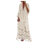 Women V Neck 3/4 Sleeve Maxi Dress Bohemian Floral Lace Tassel Long Dresses Vintage Ethnic Ruffle Casual Dresses Loose Beach Holiday Sundress Ladies Plus Size Summer Dresses UK Beige
