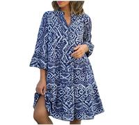 Women V Neck 3/4 Sleeve Midi Dress Vintage Ethnic Print Ruffle Casual Short Dresses Loose Beach Holiday Sundress Ladies Plus Size Summer Casual Dresses UK Blue