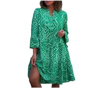 Women V Neck 3/4 Sleeve Midi Dress Vintage Ethnic Print Ruffle Casual Short Dresses Loose Beach Holiday Sundress Ladies Plus Size Summer Casual Dresses UK Green