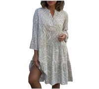 Women V Neck 3/4 Sleeve Midi Dress Vintage Ethnic Print Ruffle Casual Short Dresses Loose Beach Holiday Sundress Ladies Plus Size Summer Casual Dresses UK Sale Clearance Plus Size 8-22